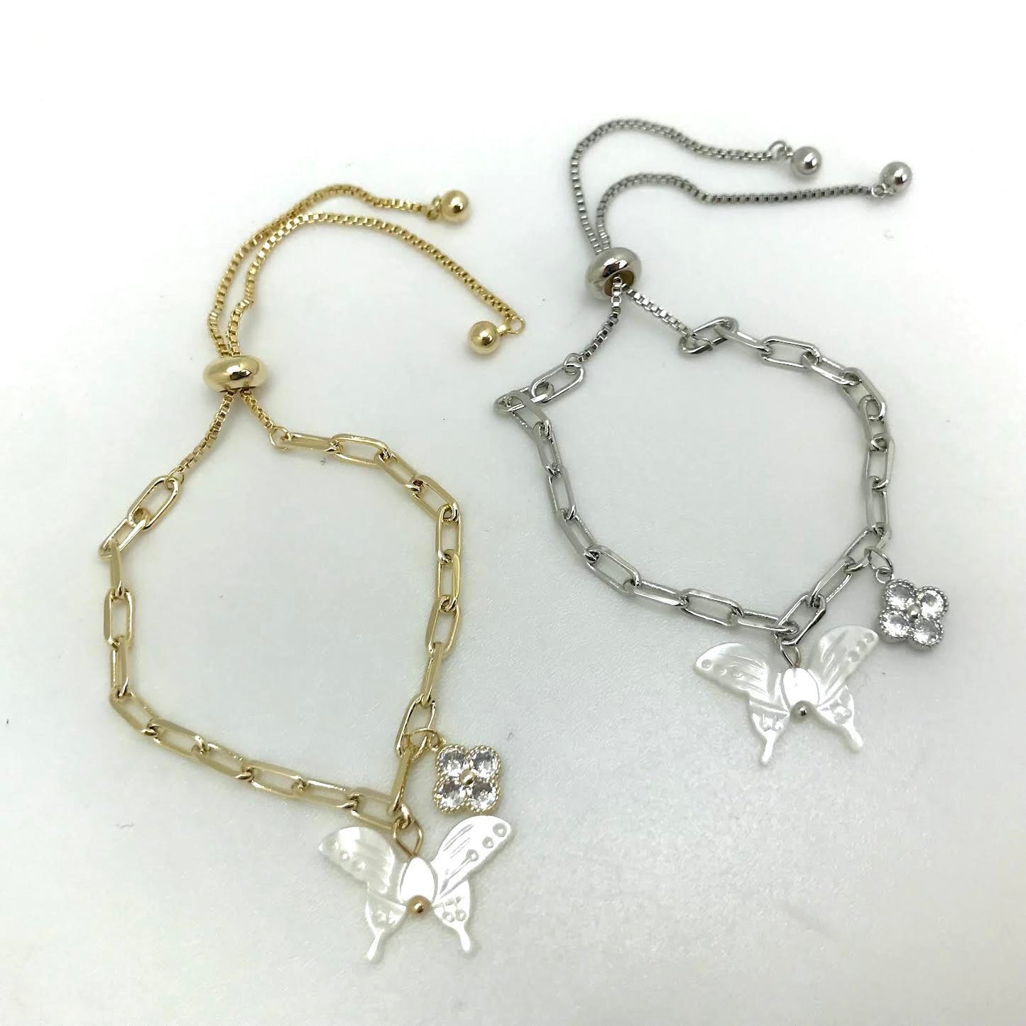 Fashion Jewelry - Pearl Butterfly Silhouette Charm and  Rhinestone Charm Braceletb