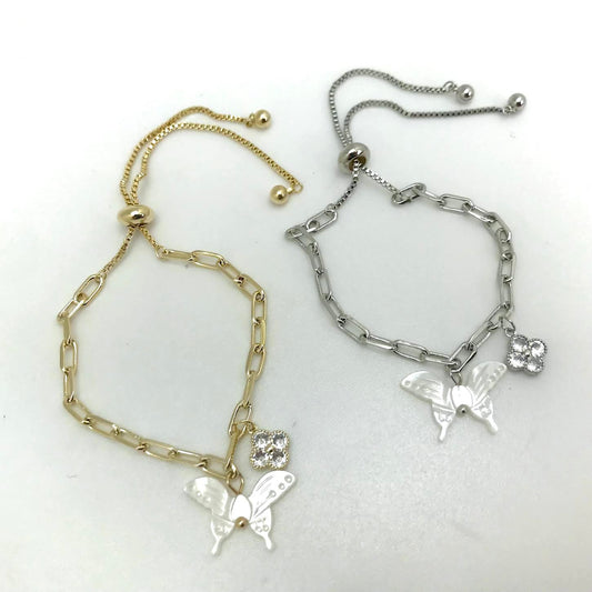 Fashion Jewelry - Pearl Butterfly Silhouette Charm and  Rhinestone Charm Braceletb