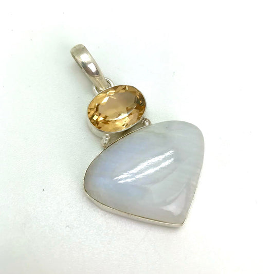 Polished Rainbow Moonstone And Faceted Topaz Silver Pendant