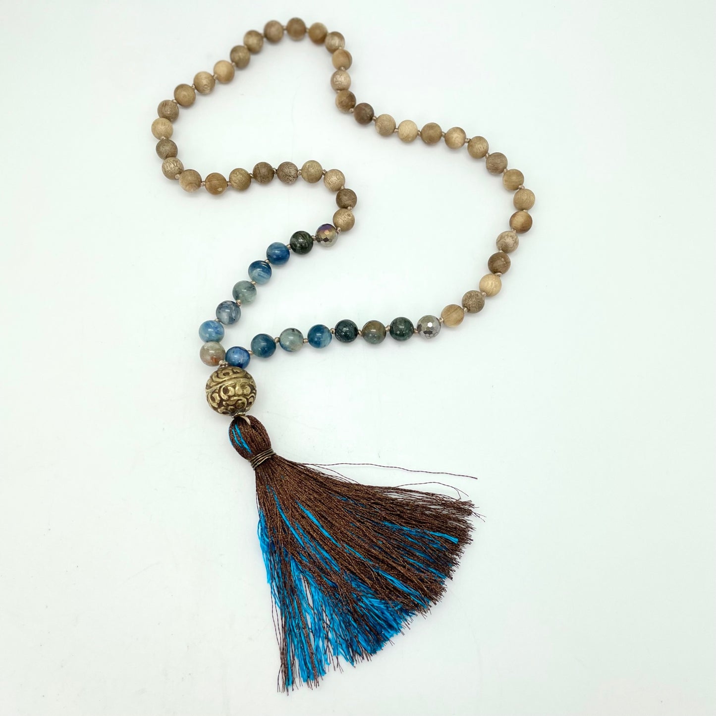 Handmade Mala - Sandalwood, Electroplated Agate, Kyanite, Gold Charm (Metallic Brown & Blue Tassel)