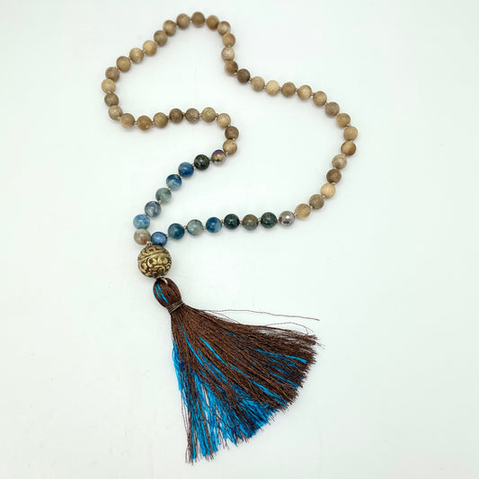 Handmade Mala - Sandalwood, Electroplated Agate, Kyanite, Gold Charm (Metallic Brown & Blue Tassel)