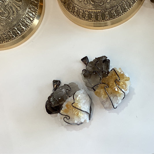 Raw Citrine and Smoky Quartz Stacked Wire Pendant