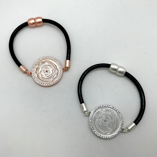 Metallic Circular Middle Charm Lined with Rhinestones Bracelet