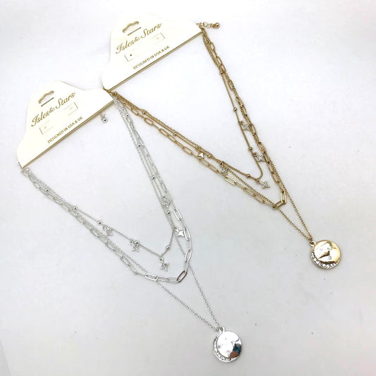 Isles & Star - Circular Moon and Star Pendant Triple Layered Necklace