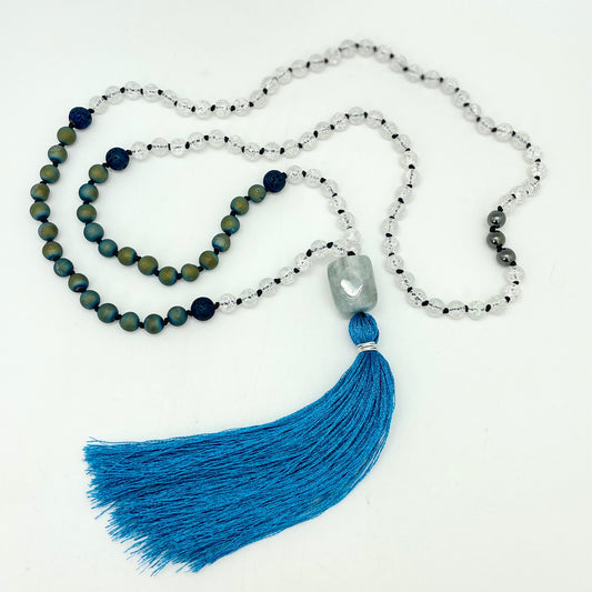 Handmade Mala - Hematite, Crackle Quartz, Matte Titanium Basalt (Tumbled & Porous), Amazonite Charm (Metallic Bright Blue Tassel)