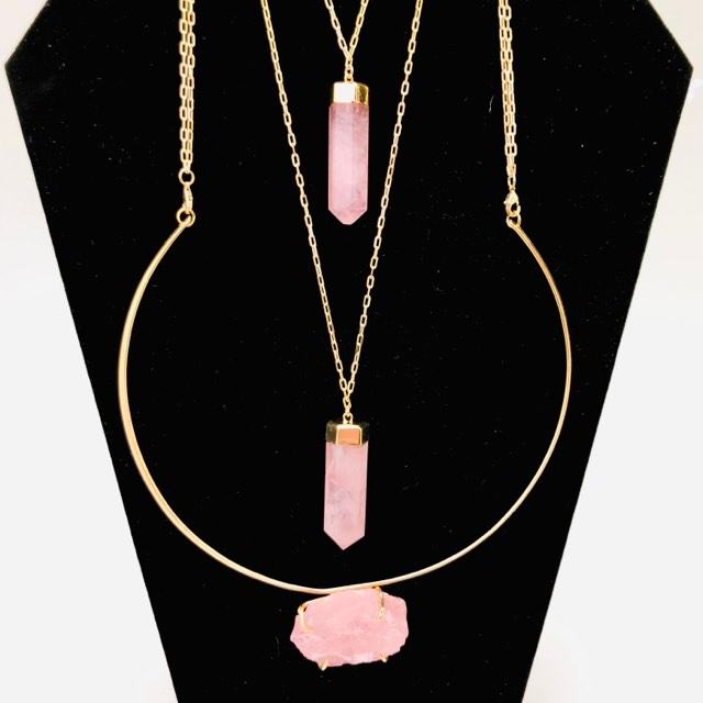 Cuff Fashion Necklace with Raw Front Stone and Back Crystal Points Chains - Michal and Company