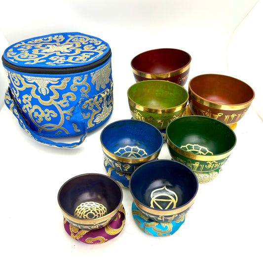 Seven Chakra Singing Bowl Set with Blue Carrying Bag