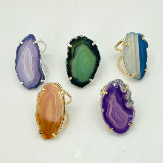 Arched Band Prong Set Agate Slice Ring (Adjustable)