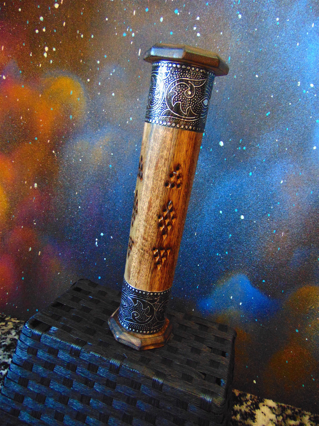 Round Wooden Cut-Out Tower Incense Holder with Metal Trim