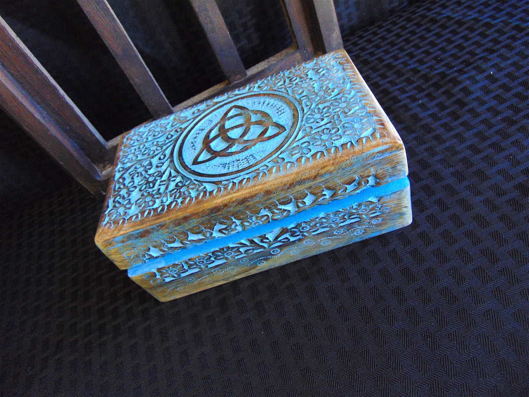 Wooden Box with Blue Colored Designs