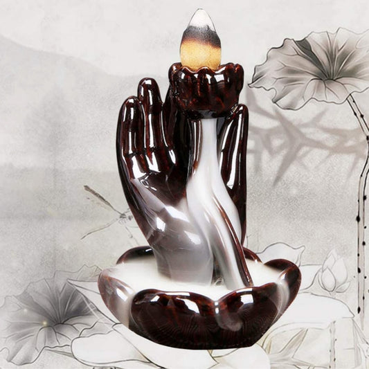 Ceramic Hand Holding Lotus Flower Backflow Burner (Deep Brown)