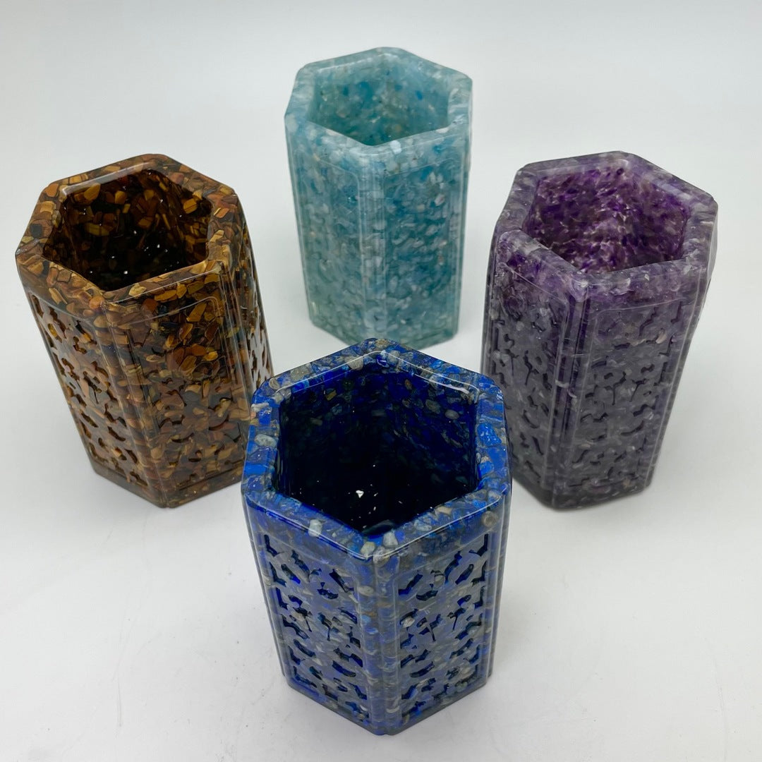 Hexagon Resin Set Vase / Holder with Crystal Chips
