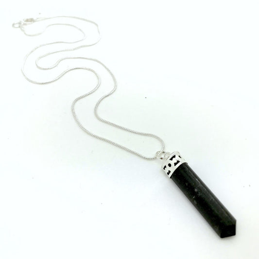 Black Tourmaline Pendent with Silver Top and Chain Necklace