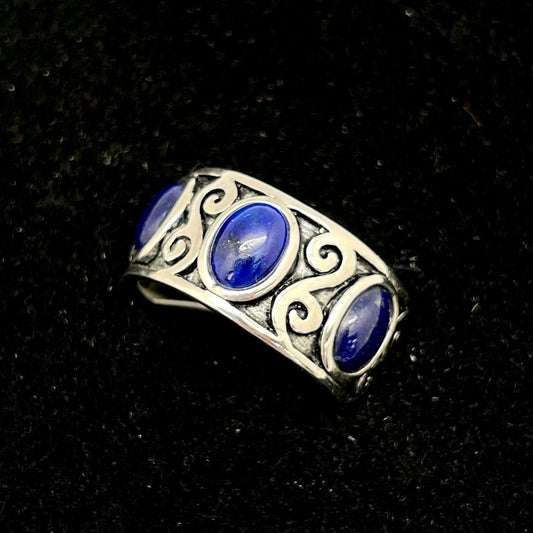 Decorative Mens Ring with Lapis Lazuli 3 Three Stone (Thick Band Silver)
