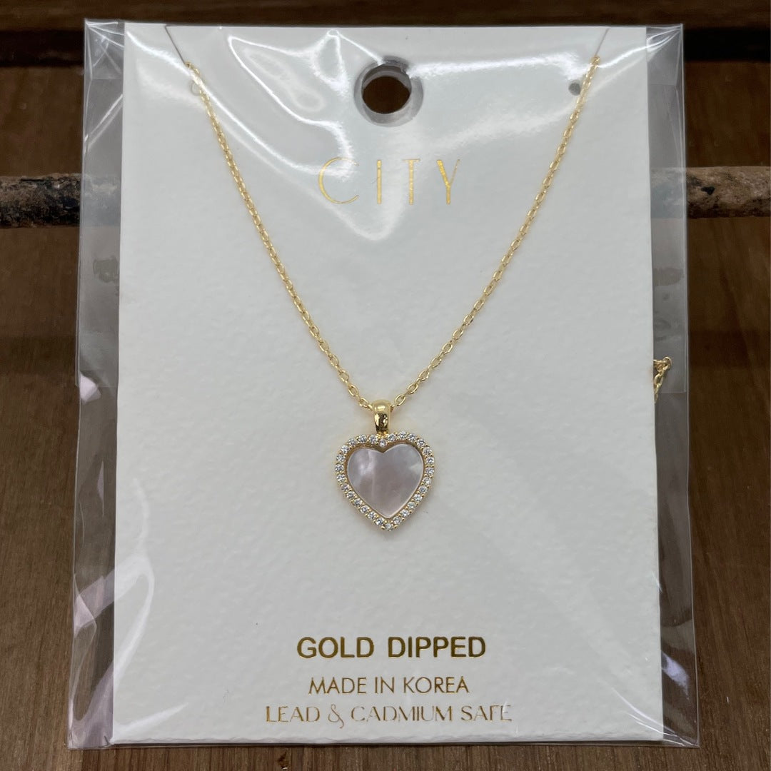 City - Mother of Pearl Heart with Rhinestone Gold Necklace