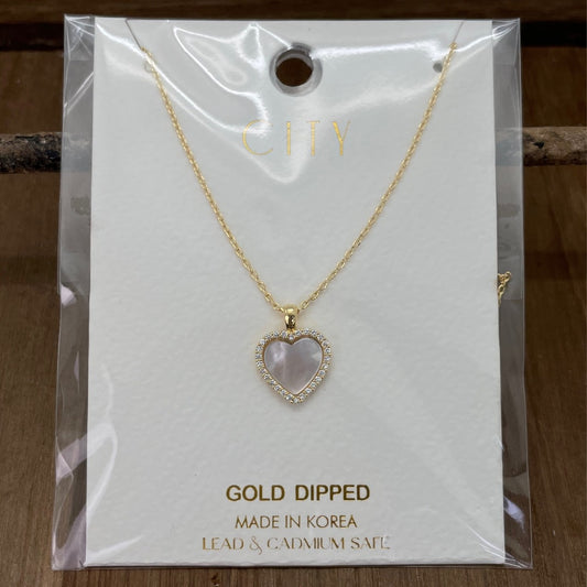 City - Mother of Pearl Heart with Rhinestone Gold Necklace