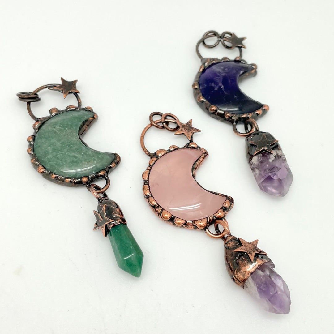 Copper Set Crystal Moon Pendant with Dangling Crystal & Star Charms