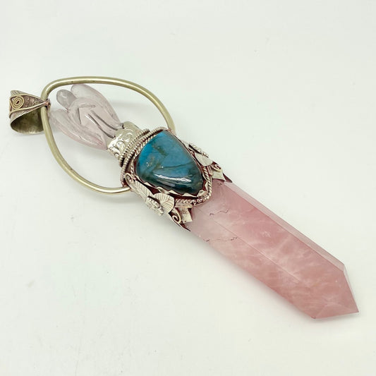 Rose Quartz Point Pendant with Labradorite & Angel (Extra Large)