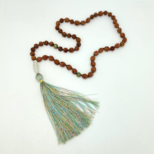 Handmade Mala - Rudraksha Seed, Turquoise, Clear Quartz (Metallic Pastel Mix Tassel)