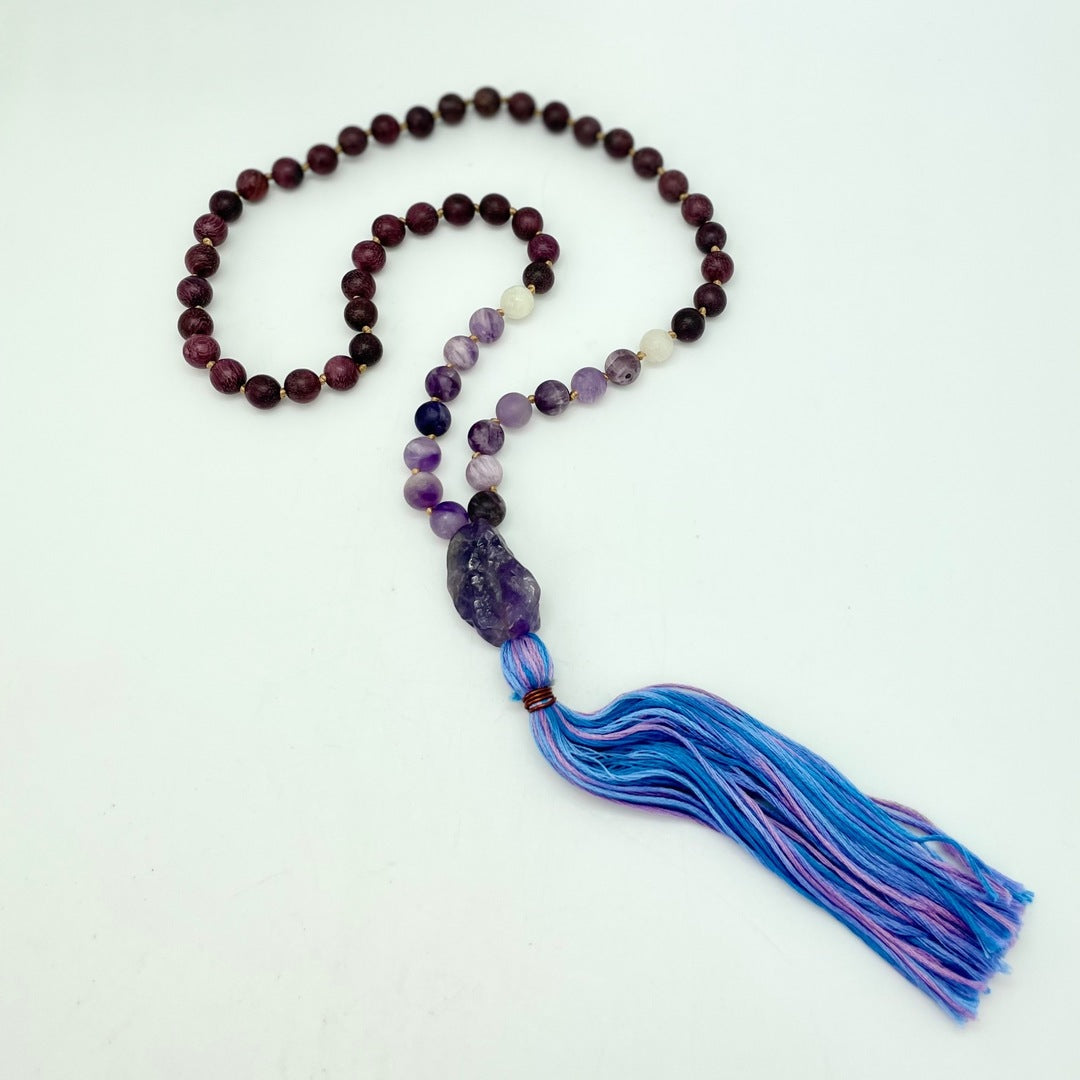 Handmade Mala - Rosewood, Moonstone, Matte Amethyst, Raw Amethyst (Pastel Purple, Pink, Blue Tassel)