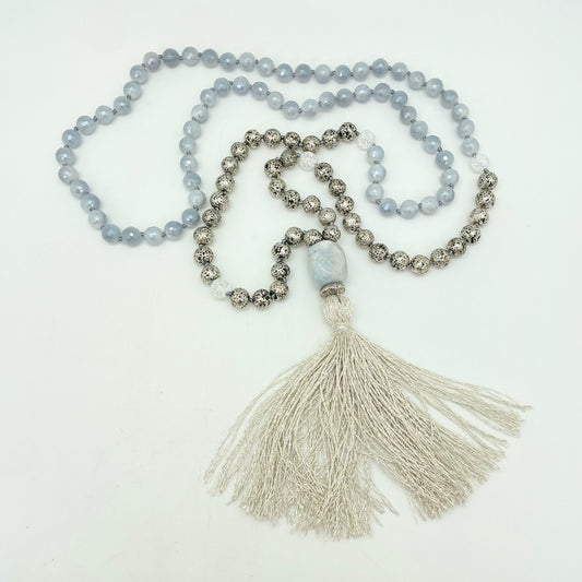 Handmade Mala - Electroplated Agate, Silver Basalt, Crackle Quartz, Amazonite & Silver Charms (Metallic Silver Tassel)