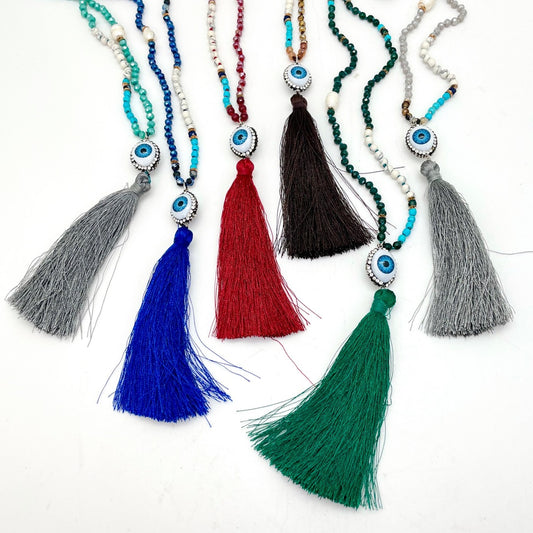 Mala Style Evil Eye Charm Beaded Necklace with Tassel