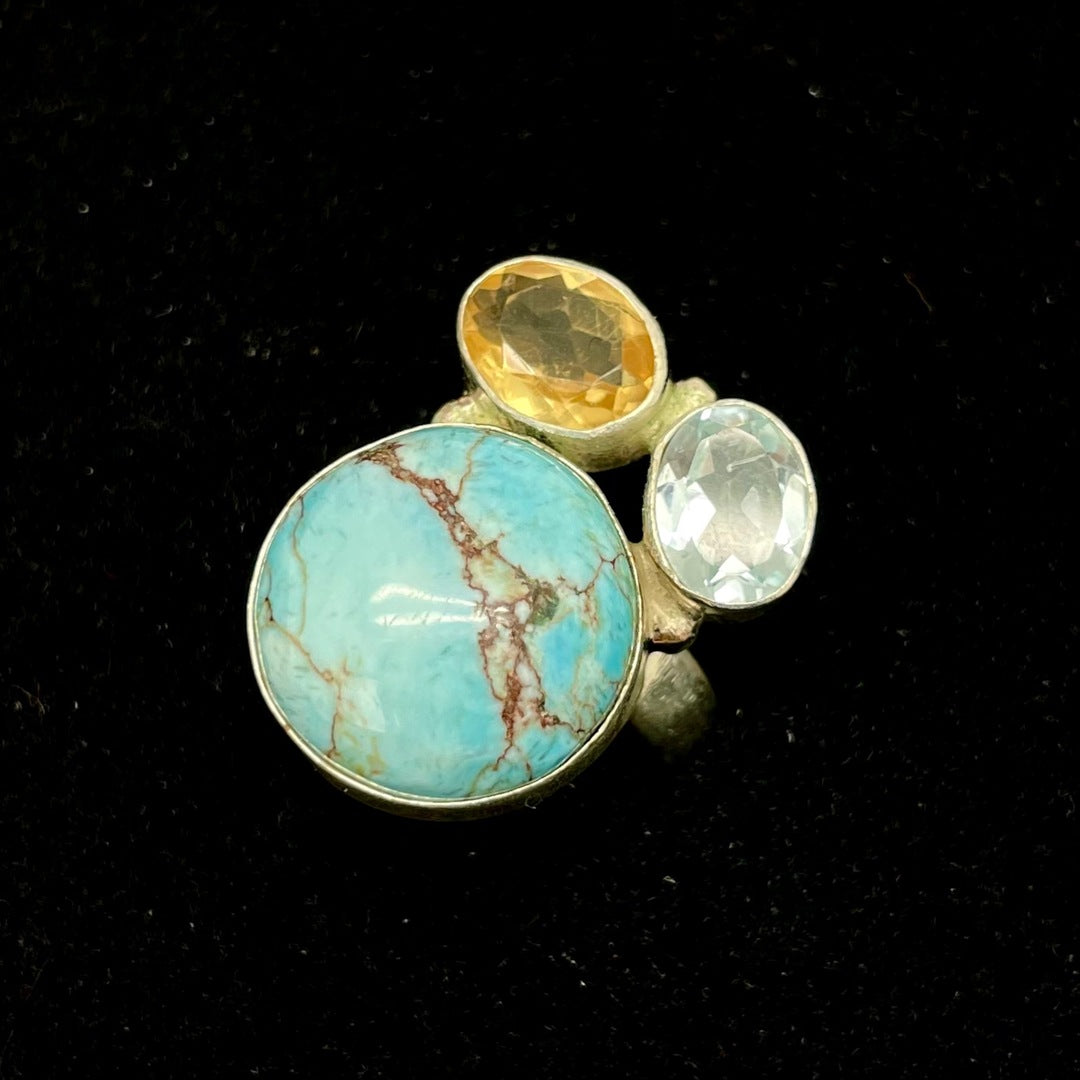 Round Turquoise Ring with Faceted Citrine / Aquamarine