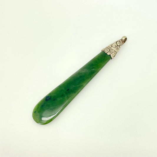Elongated Green Jade Teardrop with Brass Top Pendant