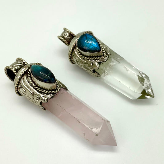 Brass Top - Crystal Point with Labradorite Pendant