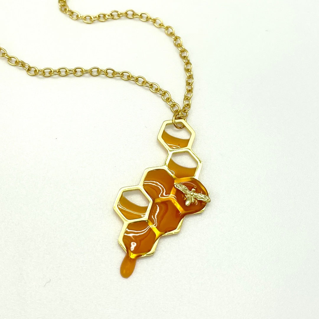 Honeycomb Metal Gold Necklace and Citrine Crystal Set