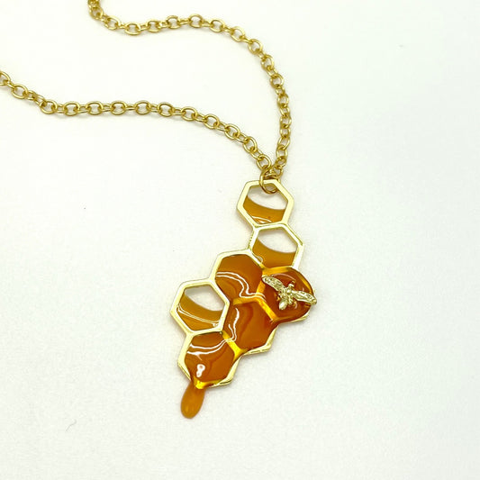 Honeycomb Metal Gold Necklace and Citrine Crystal Set