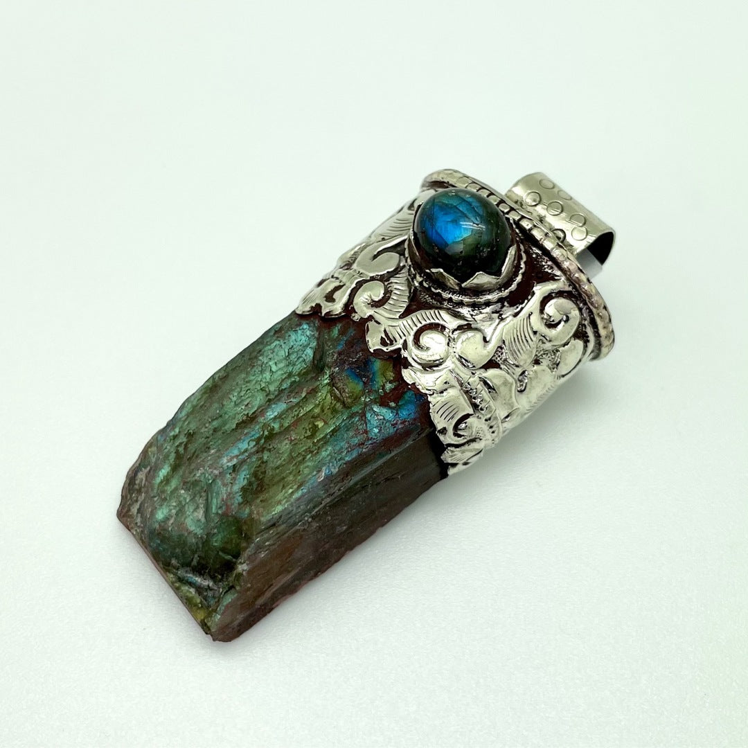 Raw Labradorite Stone with Polished Labradorite Set - Brass Top Pendant