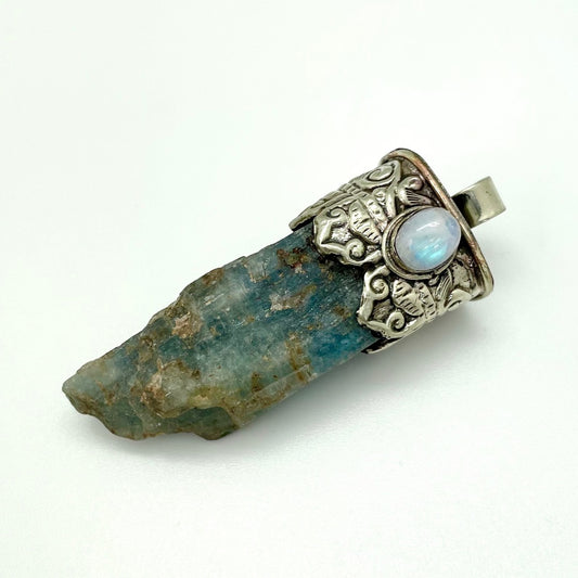Raw Aquamarine Stone with Moonstone - Brass Top Pendant