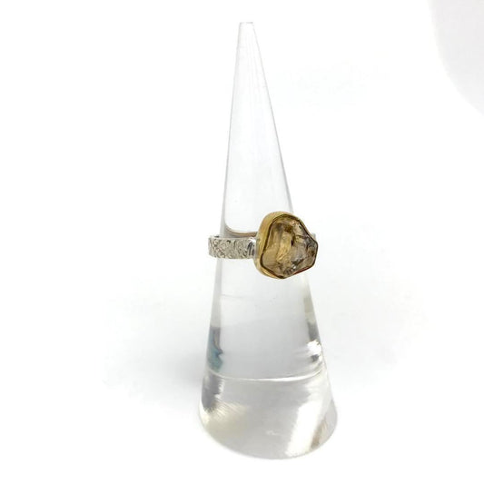 Gold Plated Raw Citrine Ring with Decorative Design Silver Band