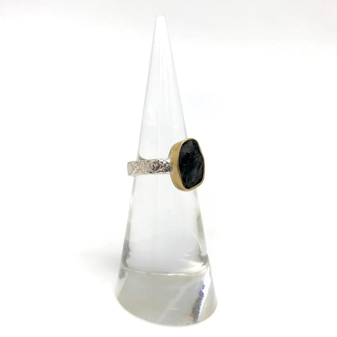 Gold Plated Raw Black Tourmaline Ring with Decorative Design Silver Band