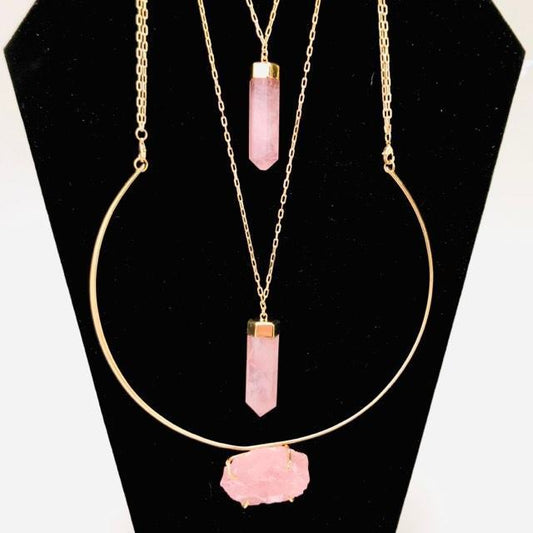 Cuff Fashion Necklace with Raw Front Stone and Back Crystal Points Chains - Michal and Company