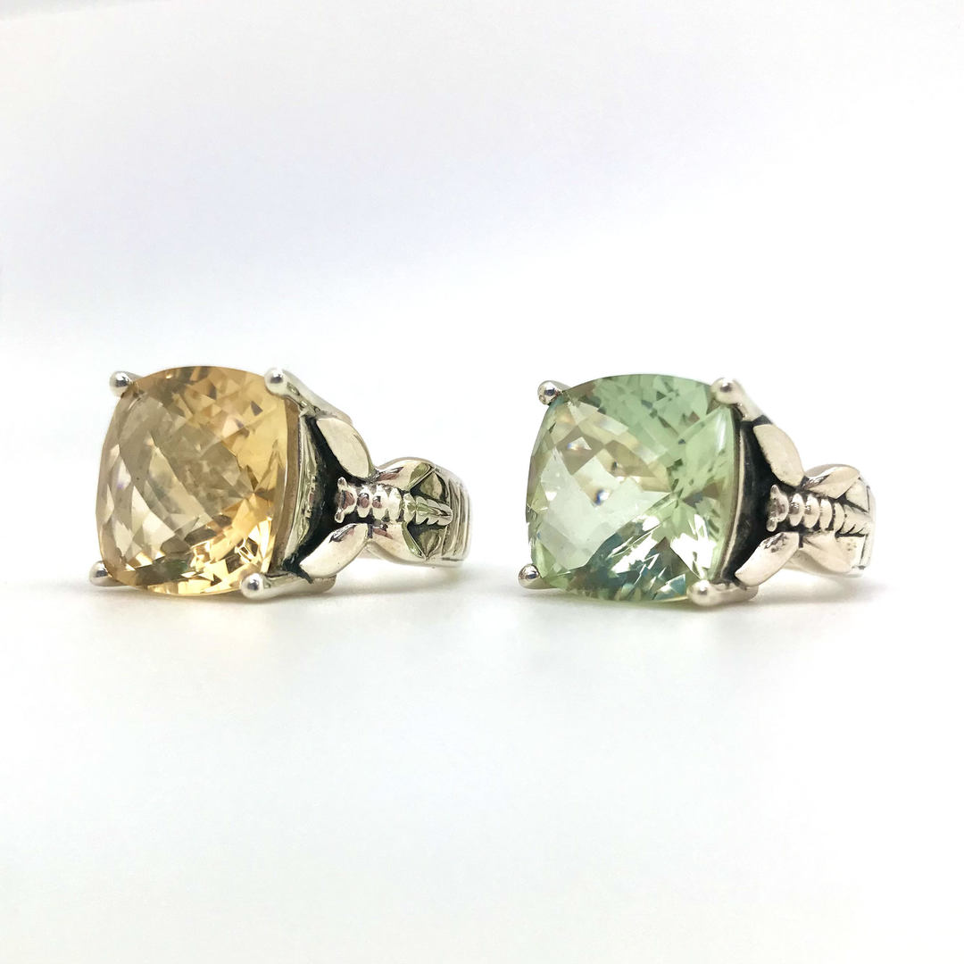 Faceted Square Sterling Silver Ring with Dragonfly Band