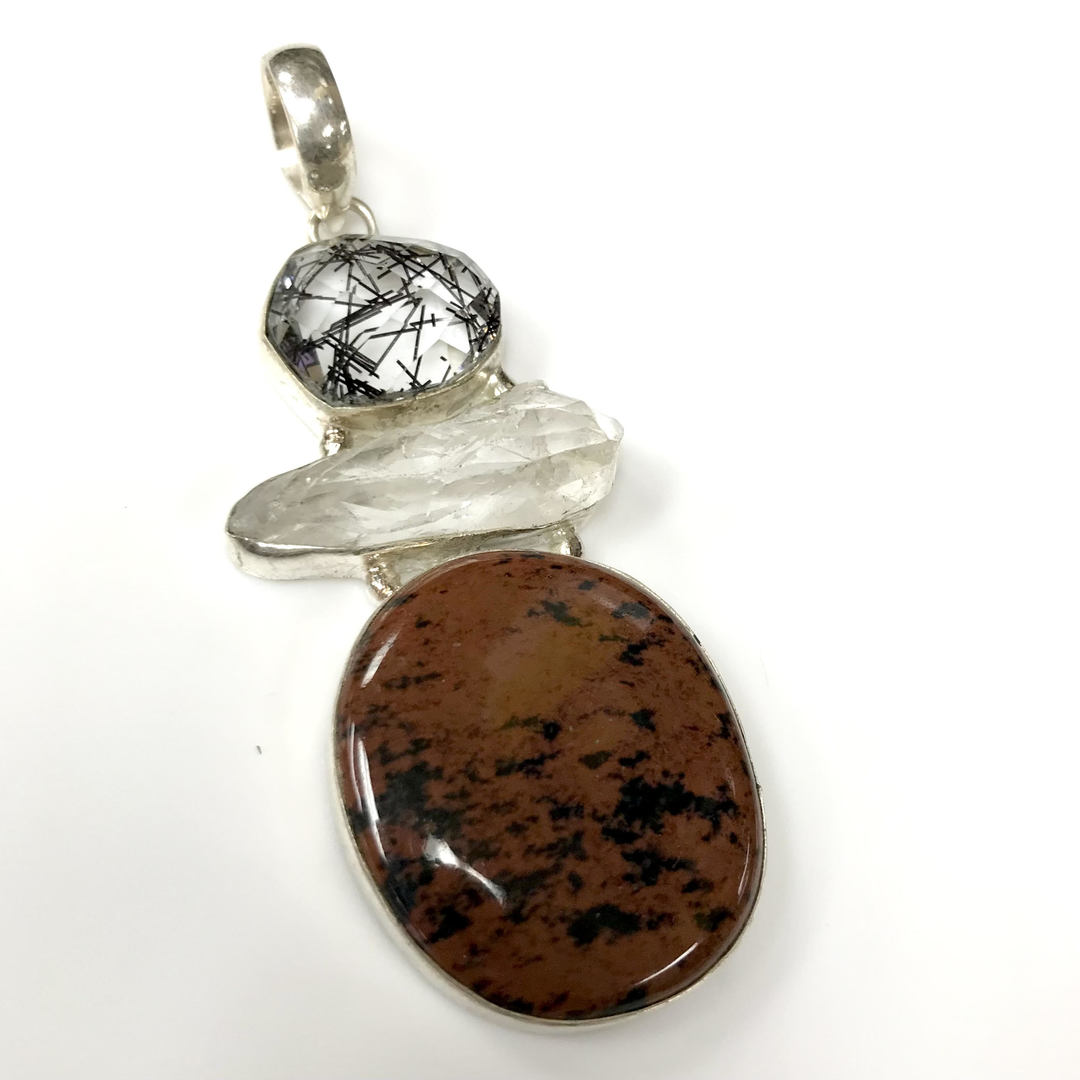 925 Silver Triple Stone Pendant with Black Rutile Quartz and Mahogany Jasper