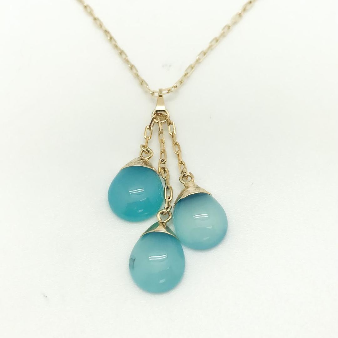 Michal and Co - 3 Three Blue Jade Tear Drop Charms Gold Necklace