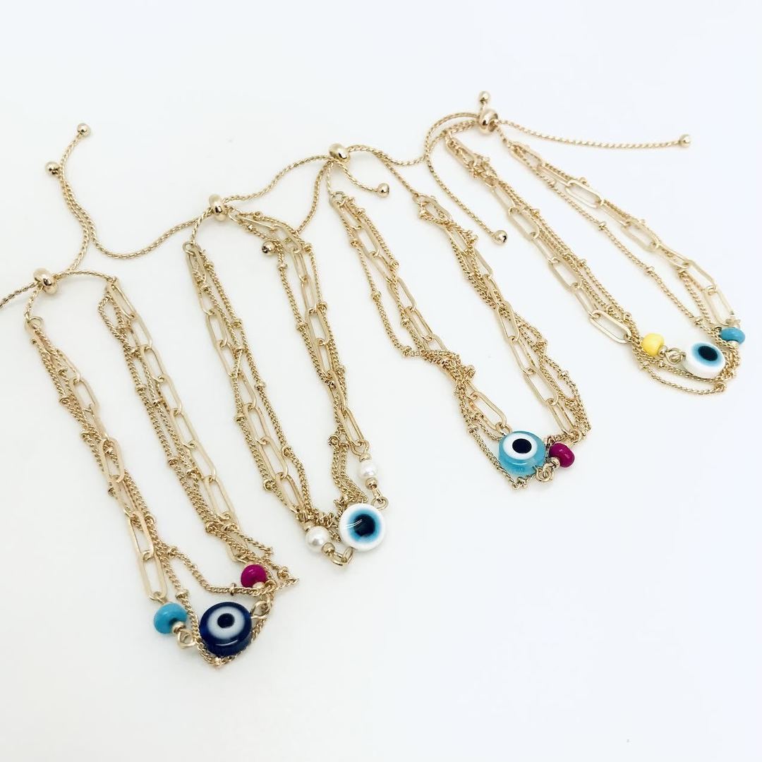Adore - 3 Three Strand Adjustable Bracelet with Evil Eye and Colored Beads