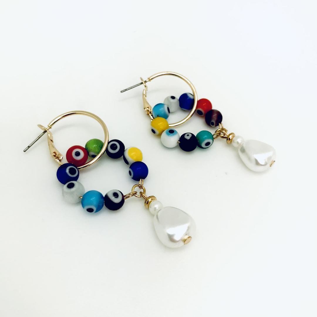 City - Colorful Evil Eye with Pearl Charm Double Hoop Earrings