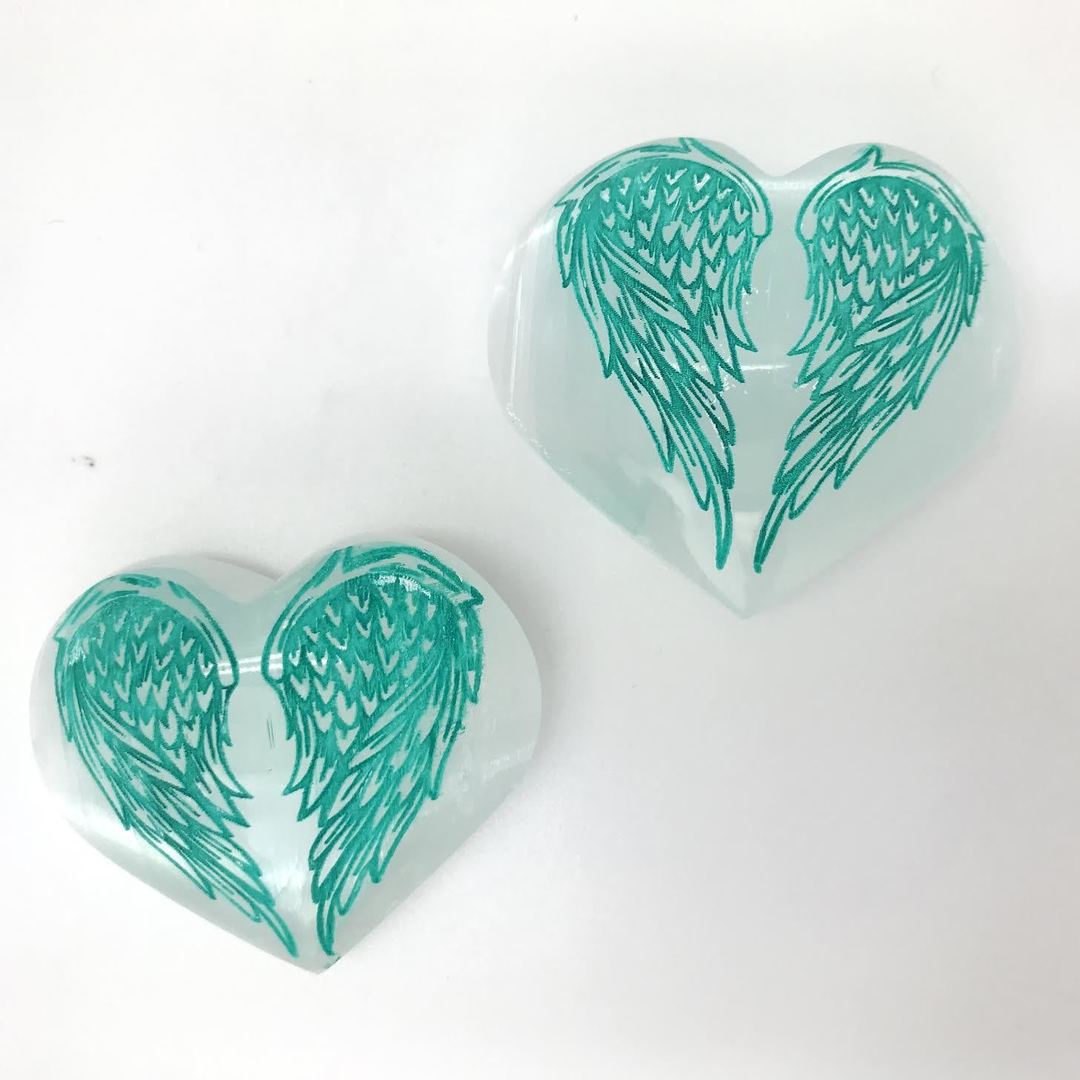 Polished Selenite Heart with Green Wings