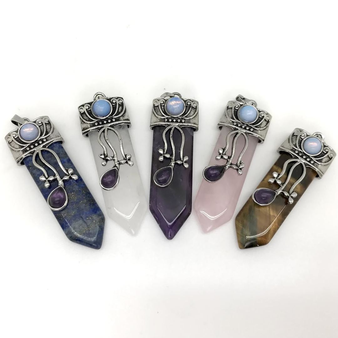 Flat Back Pendant with Middle Top Opalite Crystal and Amethyst Teardrop Crystal
