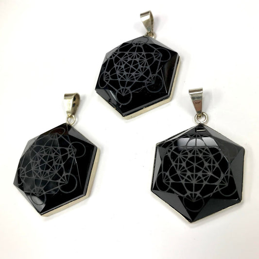 Etched Metatrons Cube Black Obsidian Pendant