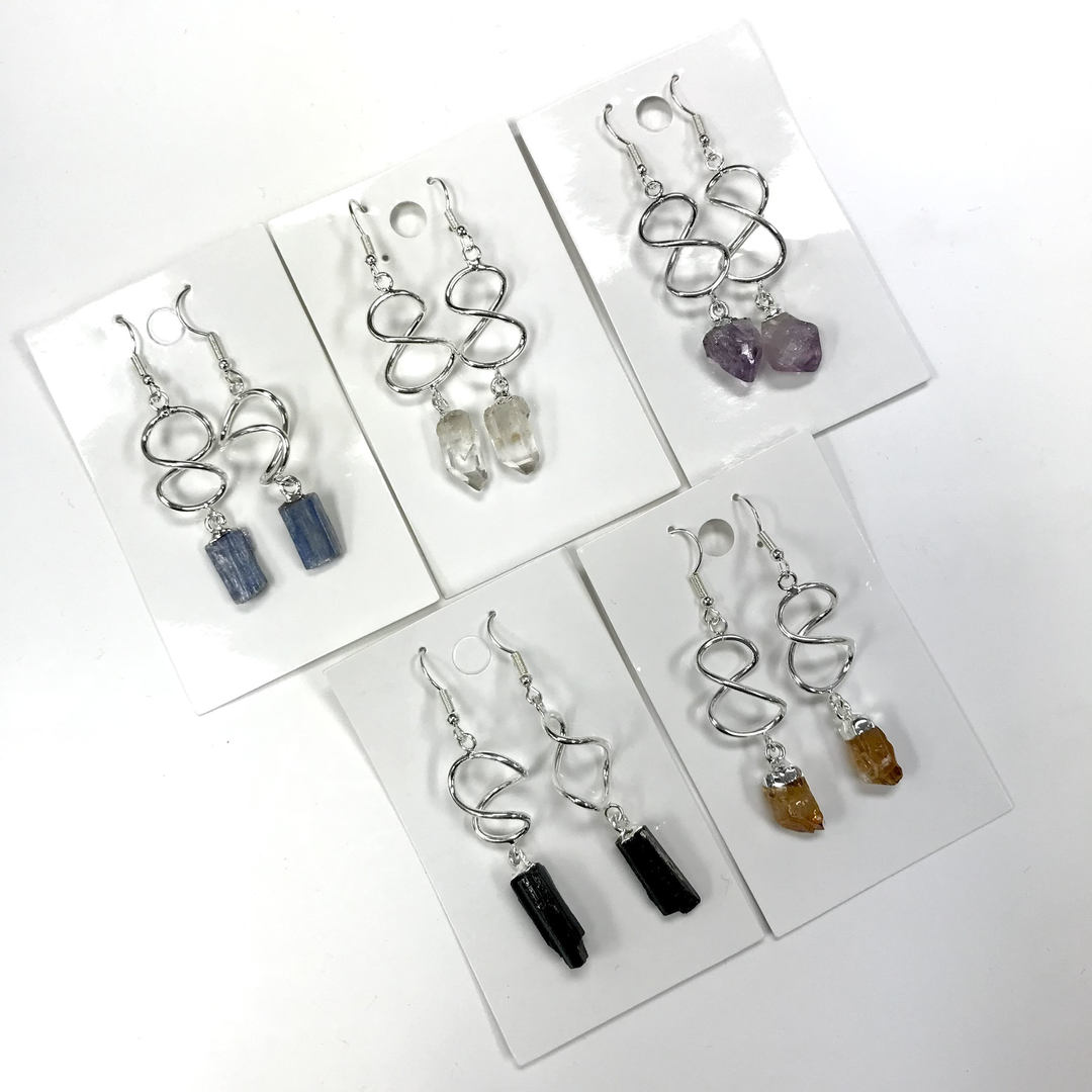 Silver Twisted Swirl with Dangle Raw Stone Earrings