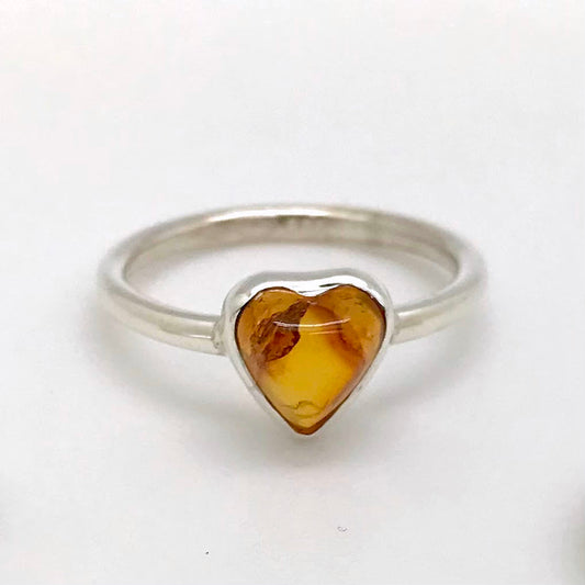 Dainty Amber Heart Shaped Silver Ring