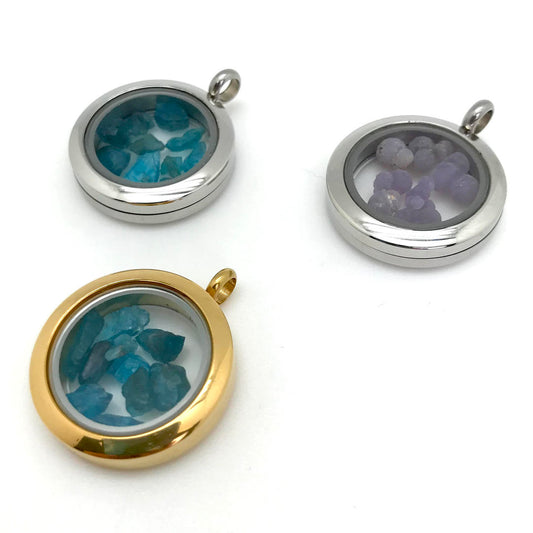 Raw Crystal Chips in Metal Round Case Pendant