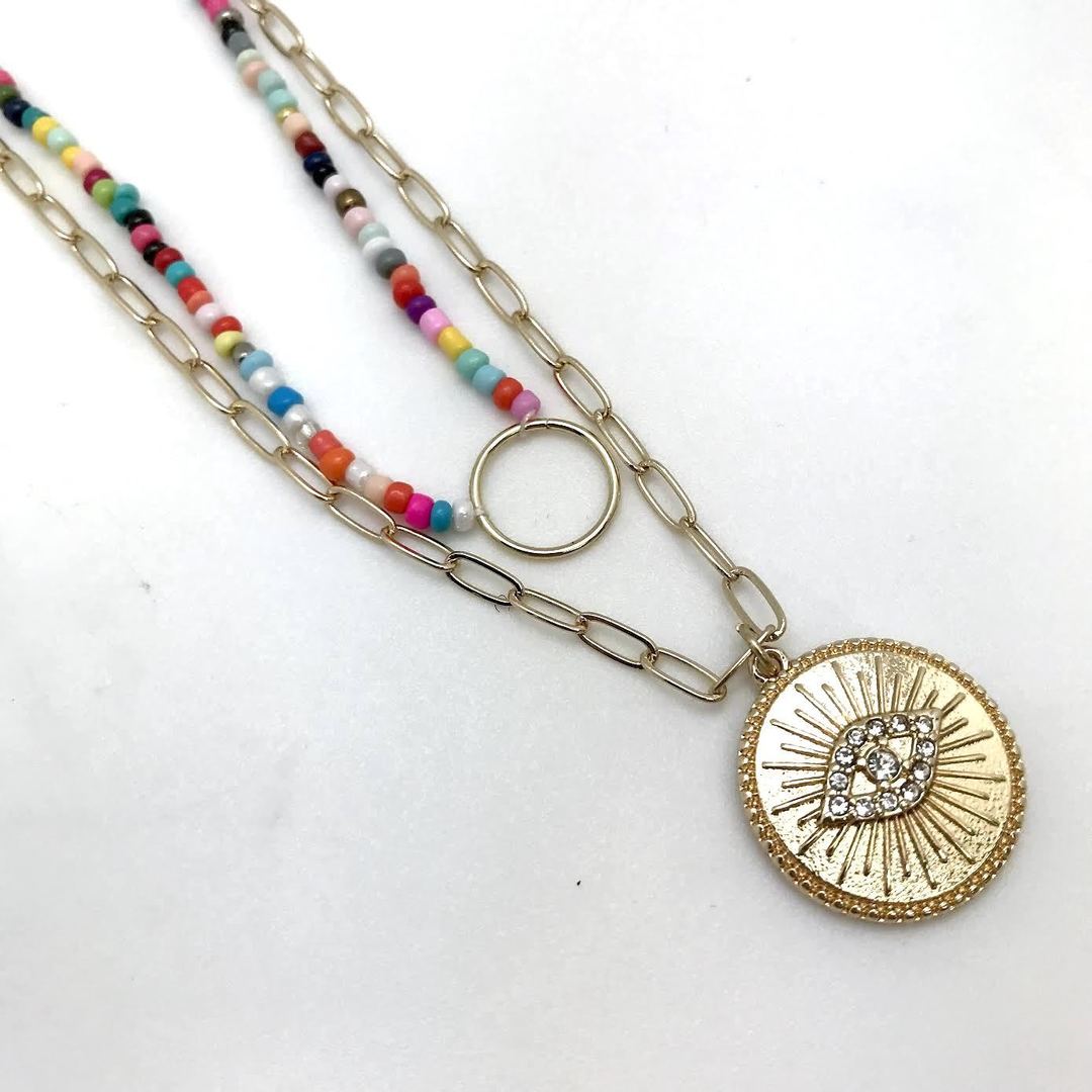 Adore - Seed Bead and Open Link Chain with Evil Eye Coin Pendant Double Layer Necklace