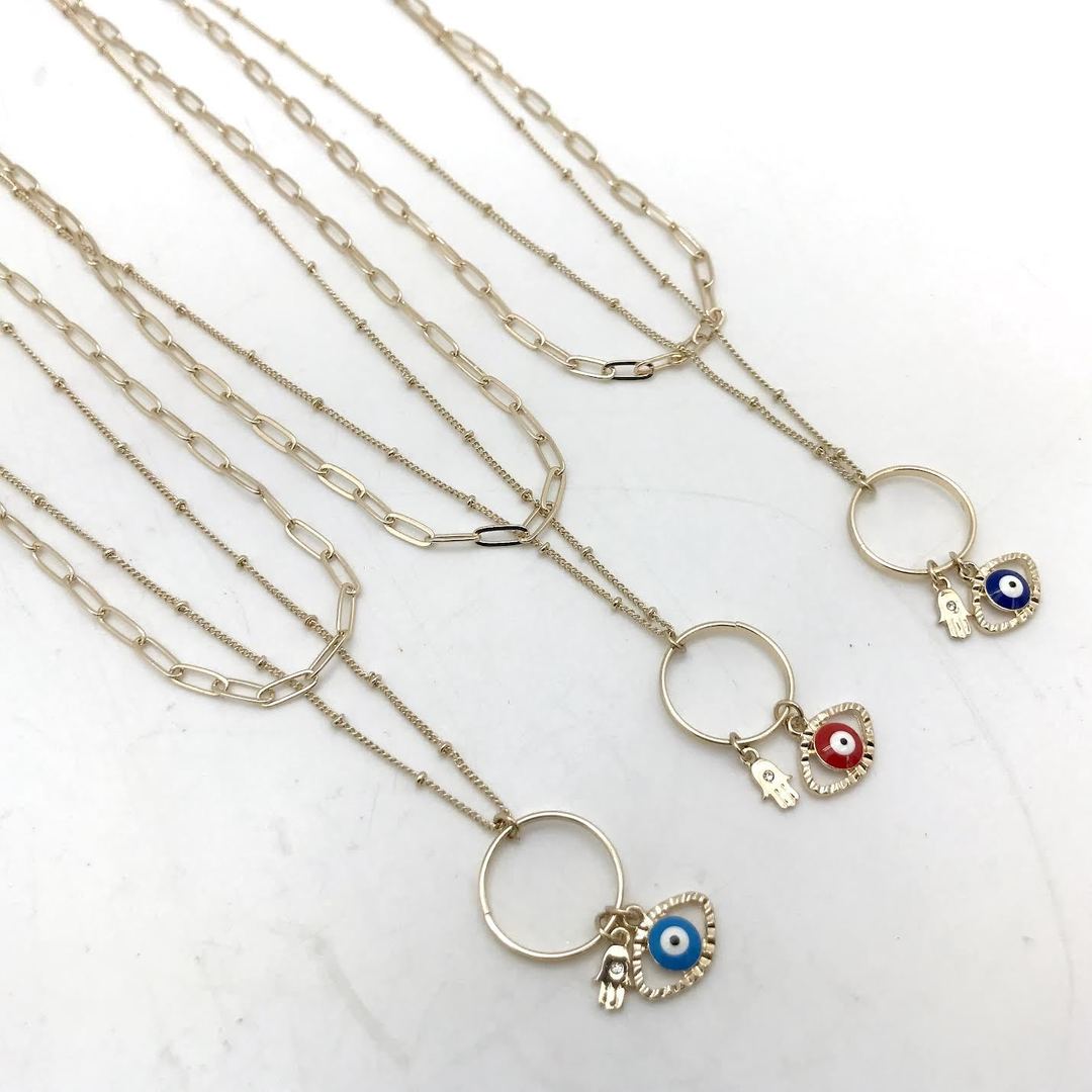 Adore - Evil Eye with Hamsa Ring Charm Pendant Double Layer Necklace