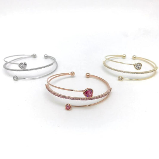 Faceted Hearts and Rhinestone Band Cuff Bracelet